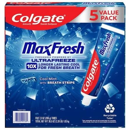 Colgate MaxFresh Toothpaste with Mini Breath Strips – Cool Mint, 7.3 oz. (5 Pack)
