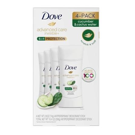 Dove Advanced Care Invisible+ Antiperspirant Deodorant Stick – Cucumber & Cactus Water, 2.6 oz. (4 Count)